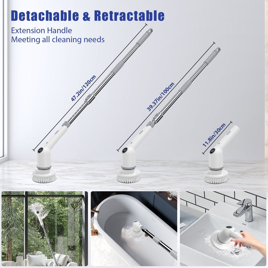 Handle lengths of about 47 in, 39 in and 12 in handheld, and the scrubber cleaning a window, bathtub and sink