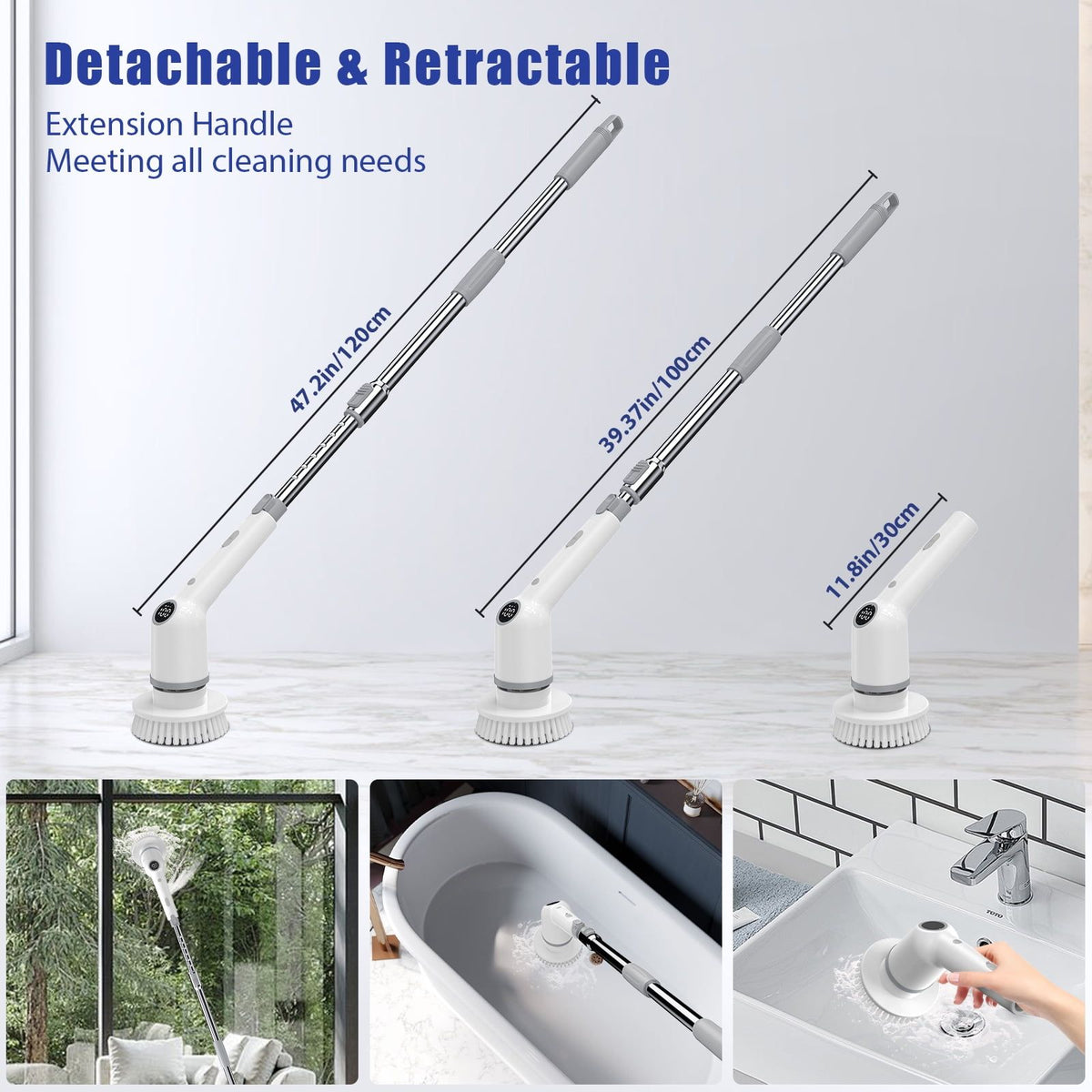 Handle lengths of about 47 in, 39 in and 12 in handheld, and the scrubber cleaning a window, bathtub and sink